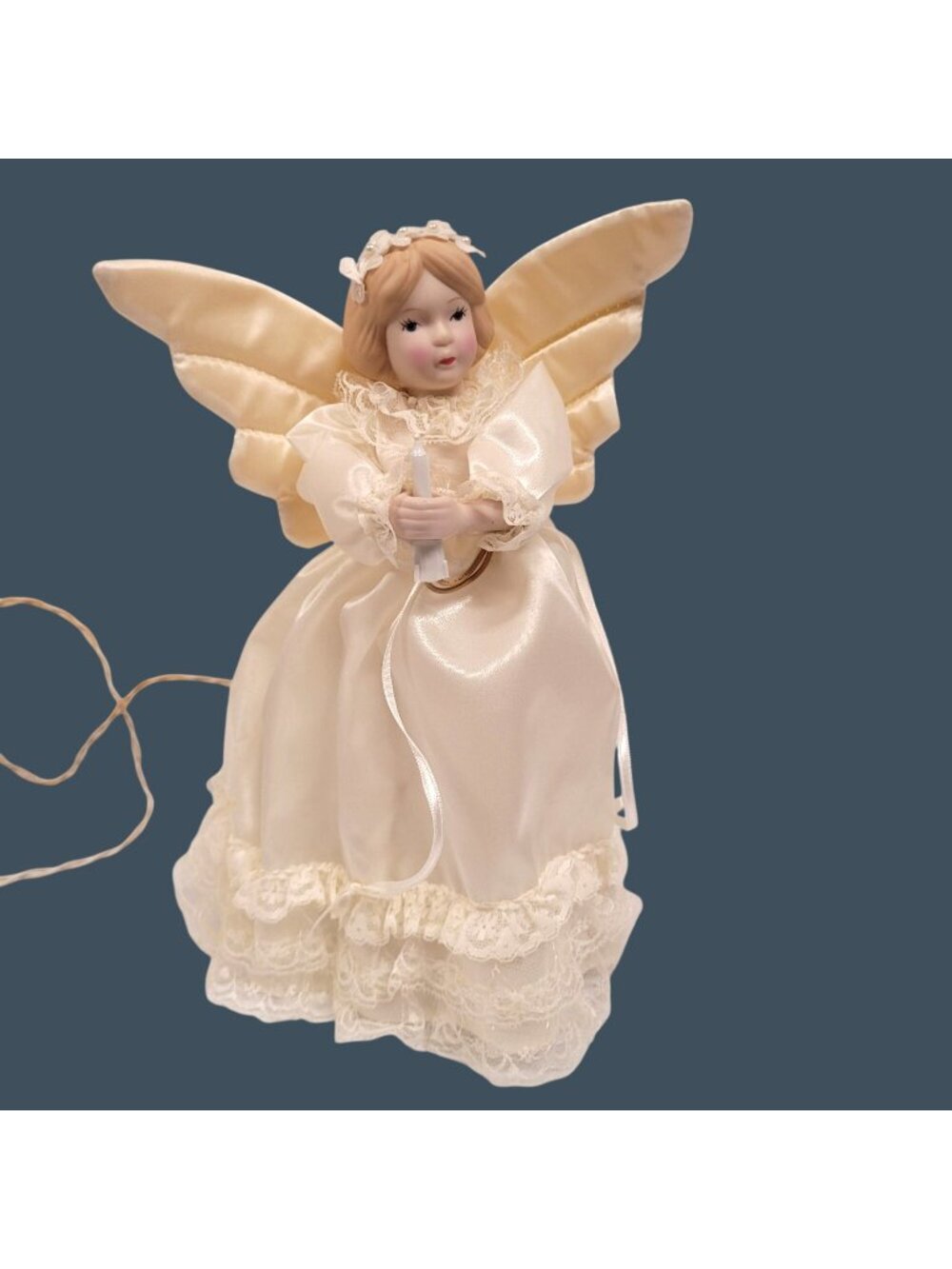 Vintage Angel Tree Topper Porcelain Head Hands Quilted Wings Ivory Taffeta 10”